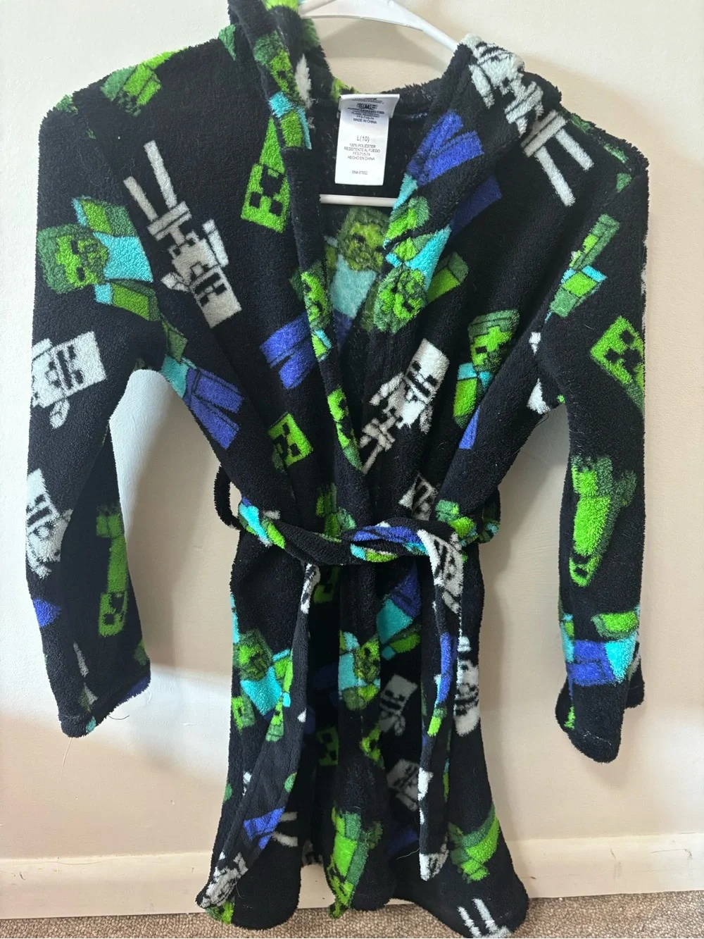 Kids Black Plush Robe with Green & Blue Character Print with hood